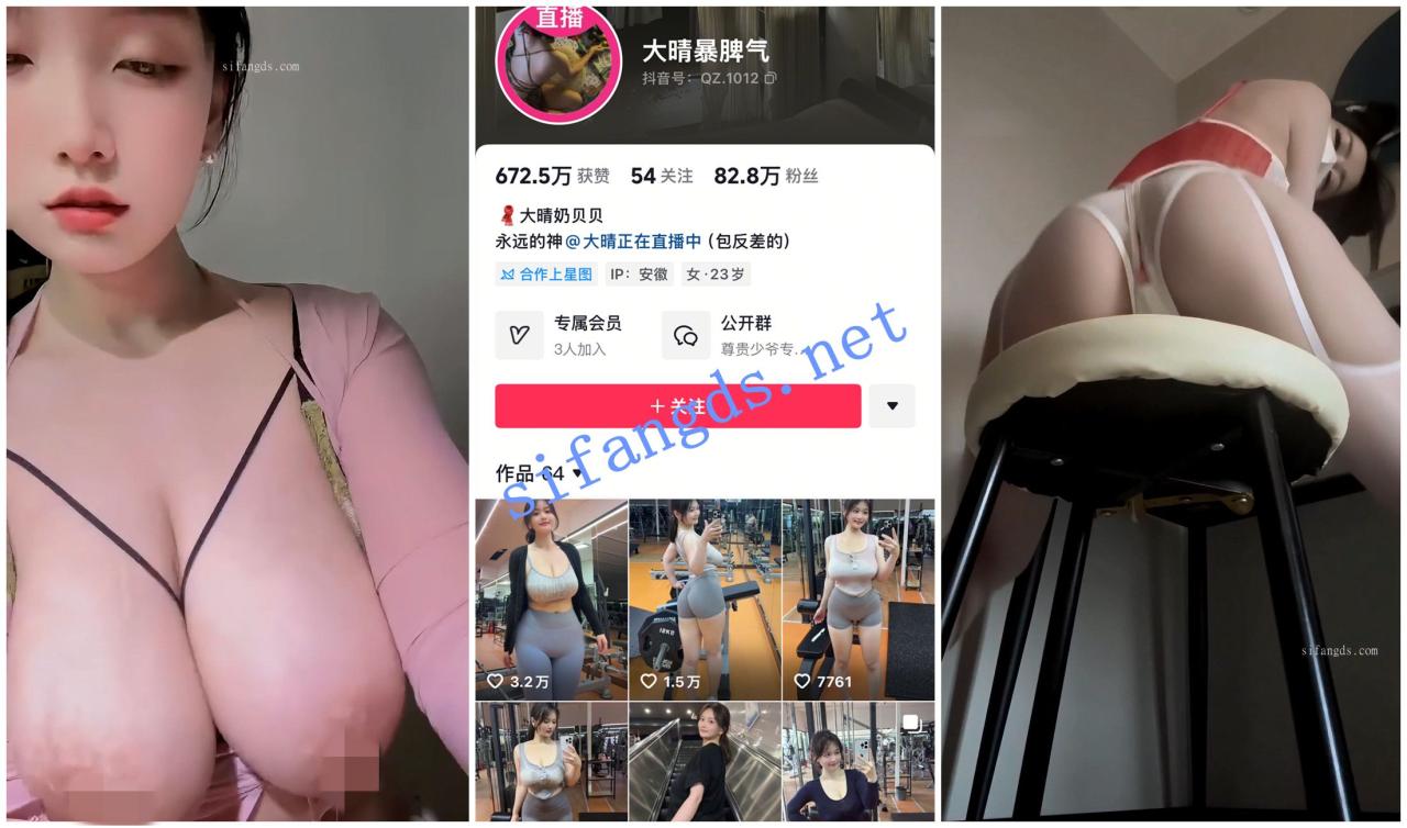 【抖音福利】大奶甜美妹子【大晴暴脾气】丁字肥臀揉奶 1